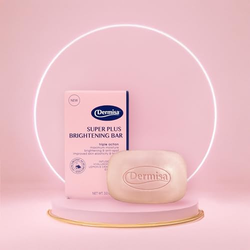 Dermisa Super Plus Brightening Bar Soap with Hyaluronic Acid, Lemon and Cranberry Extract, Maximum Moisture Soap for Even Skin Tone and Elasticity, 3.0 Oz, Pack of 3