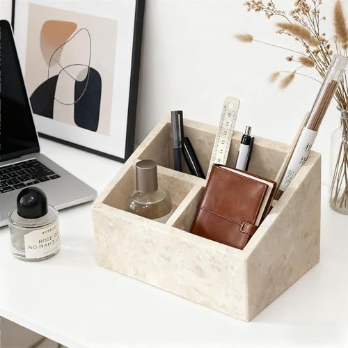 Marble Desk Organizer with 3 Compartments Perfume Organizer & Makeup Brush Holder Toothbrush Holder and Bathroom Counter Organizer White Purple Pattern Modern Design (Beige)