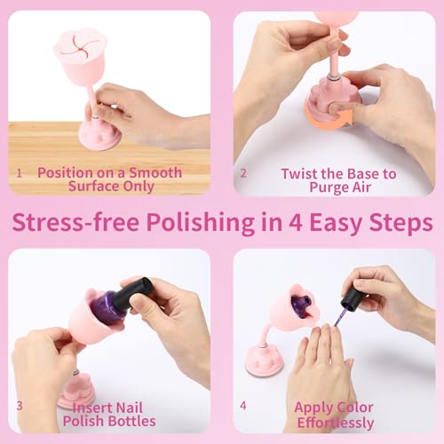 Nail Polish Bottle Holder, Rose-Shaped with 360¡Æ Rotating Stem, Tilted for No-Spill, Strong Suction Cup, All-Bottle Fit (3-Pack Pink/Black/Blue)