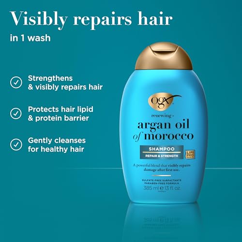 OGX Renewing + Argan Oil of Morocco Shampoo, Damage Repairing Shampoo & Argan Oil to Help Strengthen & Repair Dry, Damaged Hair, Paraben-Free, Sulfate-Free Surfactants, 13 fl. Oz