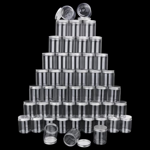 48 Packs 8.8oz (250 ml) Clear Plastic Jars with Silver Lids, Cosmetic Containers jars with Wide-Mouth for slime, beads, rhinestones, sequins Cosmetics, Lotion, Cream, Ointments and More