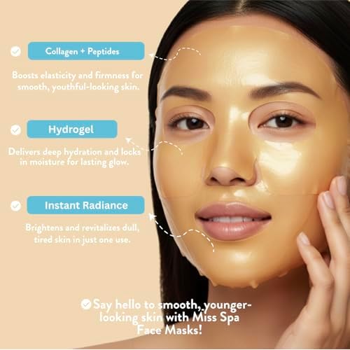 MISS SPA Boost Glow Hydrogel Facial Mask Collagen & Peptide Infused Sheet Mask Moisturizing, Firming & Radiance-Boosting Skincare Treatment for Glowing Skin, Anti Aging Skin Care, 4 Pack