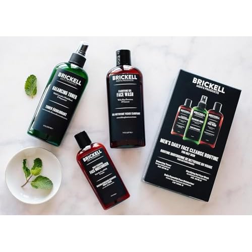 Brickell Men's Daily Face Cleanse Routine for Oily Skin, Alcohol Free Toner, Gel Facial Wash and Moisturizer, Natural and Organic, Scented