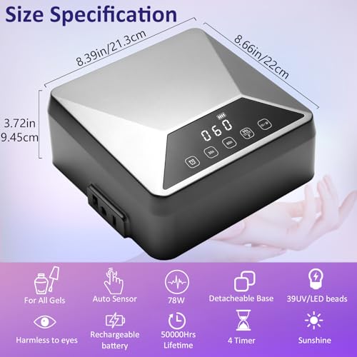 Rechargeable78W UV LED Nail Lamp for Gel Nails,Cordless Nail Dryer with Hidden Telescopic Stand for Hands & Feet,15600mAh Battery,30/60/99/180s Custom Timer,Mirror Base,Lock Screen for Salon Home