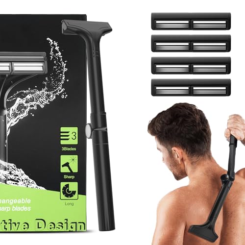 Back Shaver for Men, Manual Body Hair Trimmer with 4 Replaceable Wide Blades, Extendable Long Handle, 180¡Æ Adjustable Arm, Wet & Dry Use