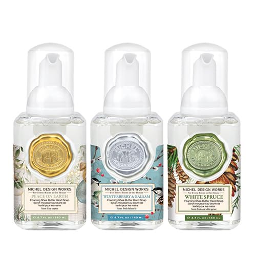 Michel Design Works Happy Holidays Mini Foaming Soap 3-Pack Set (Peace On Earth, Winterberry & Balsam, White Spruce)