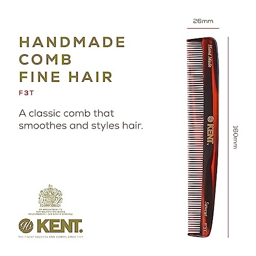 Kent F3T Tortoiseshell Fine Tooth Comb - Hair Parting and Straightening Comb for Men's & Women's Dandruff Remover, Saw Cut and Hand Polished Made in England