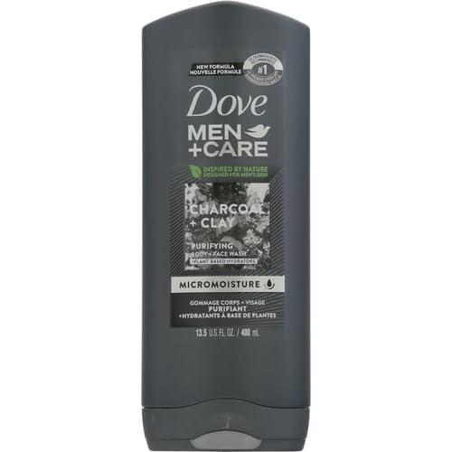 DOVE MEN + CARE Purifying Charcoal + Clay Body and Face Wash with 24-Hour Nourishing Micromoisture Technology Body Wash for Men, 13.5 oz (Pack of 2)