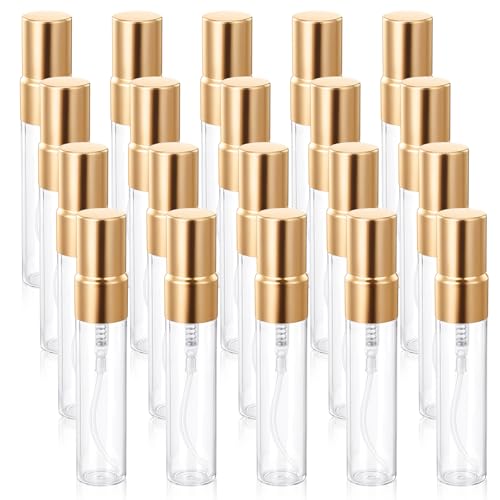 20 Pack 5ml Atomizer Glass Spray Bottles Mini Spray Bottles Glass Perfume Bottle Decant Bottles Gold Mini Sample Bottle Small Tiny Spray Bottle Refillable Mist Travel Sprayer