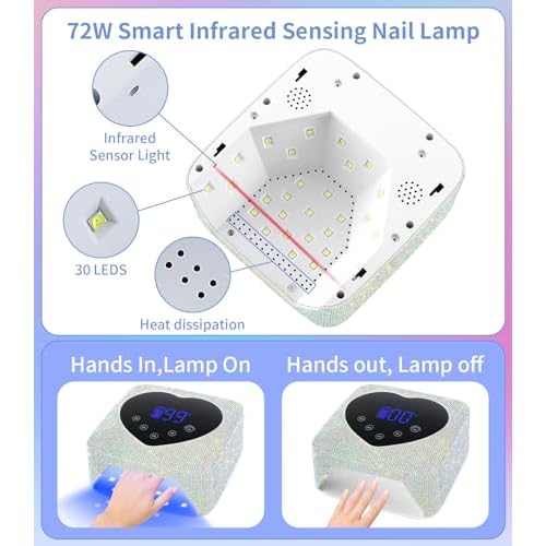 Cordless UV Nail Lamp for Gel Nails 72W, Rechargeable Diamond LED Nail Dryer with 5 Timer Setting, Touch Control & Auto Sensor, Fast Nail Light Curing Lamp for Salon & Home