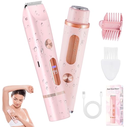2 in 1 Bikini Trimmer for Women, Dual Head Electric Shaver with LED Display, IPX7 Waterproof Body Pubic Hair Trimmer Rechargeable Womens Electric Razor for Armpit Leg Body Facial Wet & Dry Use