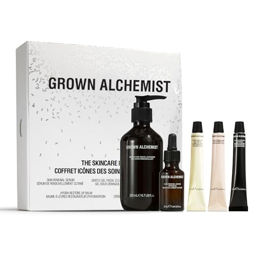 Grown Alchemist Skincare Icons Holiday Gift Set Kit, Hydra-Restore Lip Balm, Gentle Gel Facial Cleanser, Hydra-Restore Day Cream, Skin Renewal Serum & Skin Defense Primer. Hydrating & Anti-Aging Set
