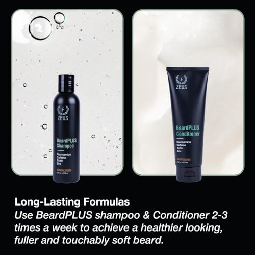 ZEUS BeardPLUS Beard Shampoo & Conditioner Set for Men, Hair Growth Treatment for Hydration, Softness & Thickness with Biotin & Caffeine (Made in USA) Combo Set