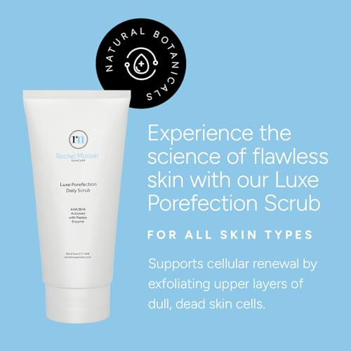 Rachel Moayer Luxe Porefection Daily Scrub, Triple Action Exfoliating Facial Cleanser with 12% Glycolic Acid, Fruit Enzymes & Quartz Micro-Polishers for Smooth Radiant Skin, Made in USA, 6 oz
