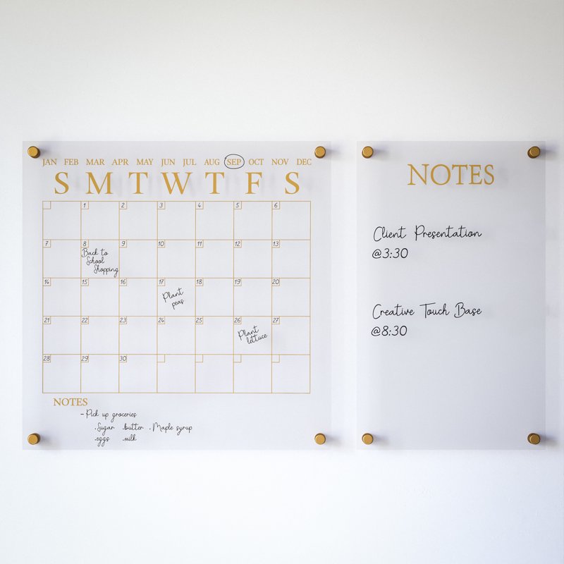 Acrylic Wall Calendar and Notes Board Set with Dry Erase Marker - Clear with Gold Print
