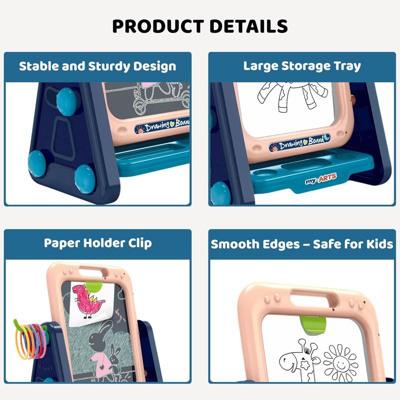 Kids Art Easel 4-in-1 Double Sided Toddler Drawing Whiteboard & Chalkboard with Ring Toss Game