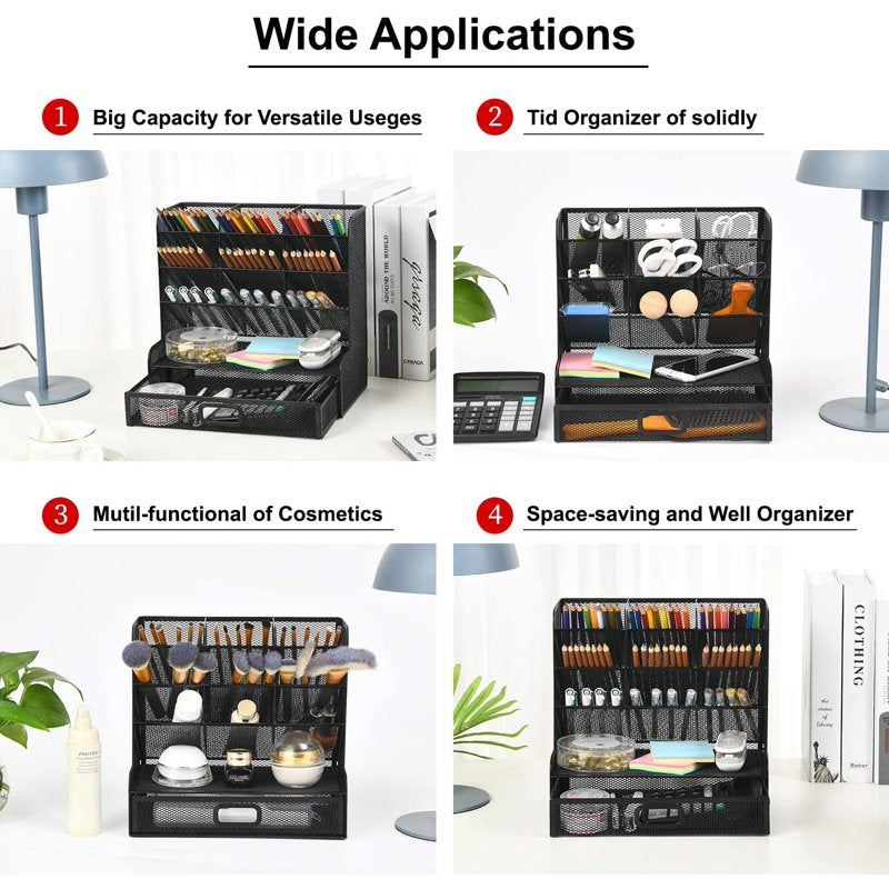 Mesh Desk Organizer with Drawer - Multi-Functional Pen Holder & Storage Rack