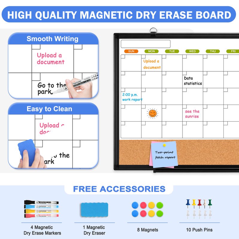 Magnetic Whiteboard Calendar & Cork Board Combo - 24x18, 36x24 Inches, Double-Sided Wall Mount