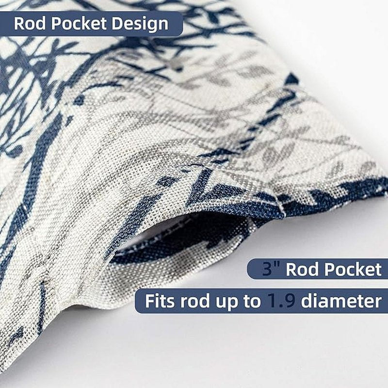 Linen Tree Branch Valance for Windows - Thermal Insulated, 52x14 Inches, Blue