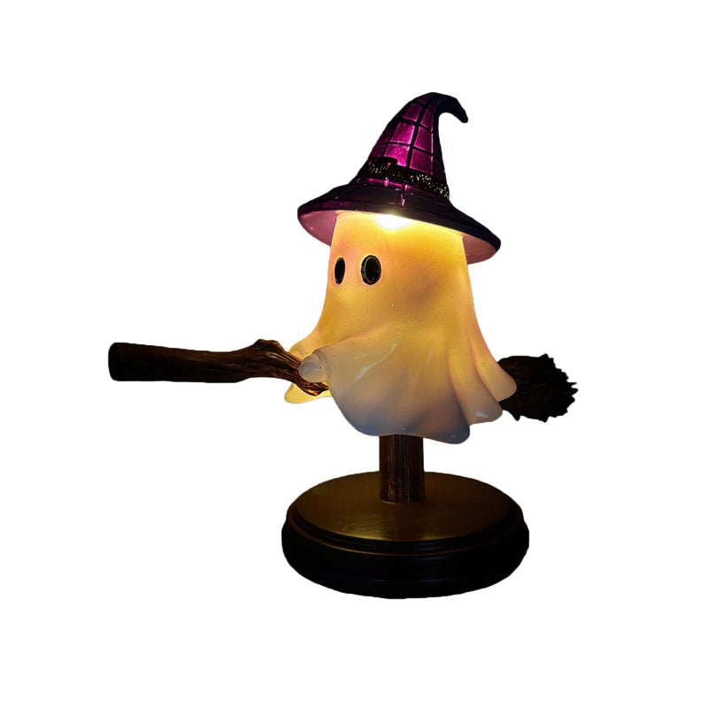 Halloween Ghost on Broomstick Night Light - Gothic Stained Glass LED Table Lamp for Bedroom & Decor