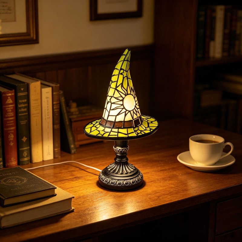 Table Lamp 7in Witch Hat LED Night Light USB Power — Stained Glass Gothic Halloween Decor (Variation: S(7in)I)