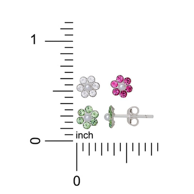 Girl’s Sterling Silver Crystal Flower Stud Earrings Set - 3 Pairs