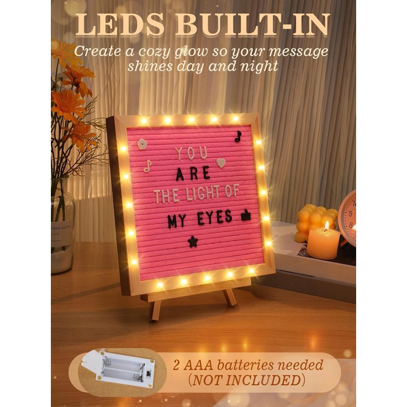 Light Up Felt Letter Board Sign with LED Lights - 10x10in Changeable Message Wall Decor