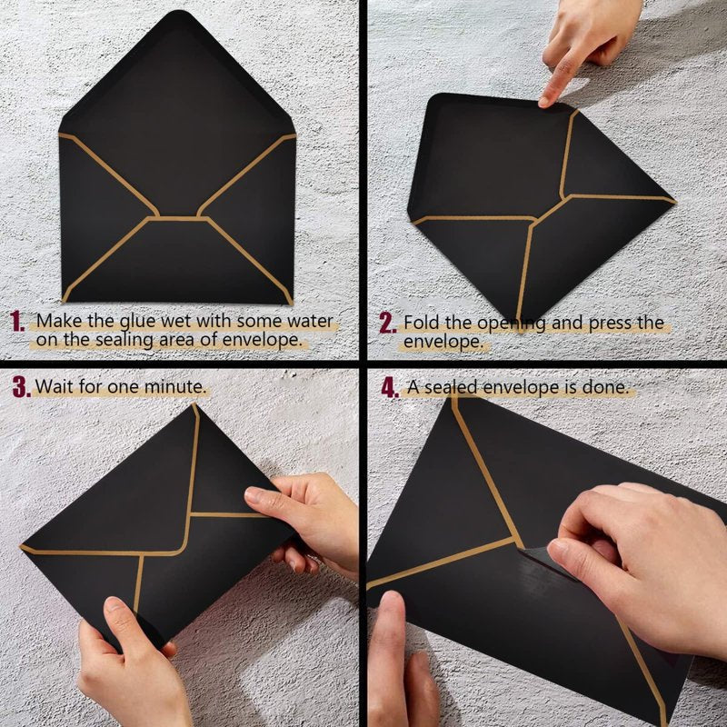 50 Pack A7 Invitation Envelopes Black V-Flap Gold Border 5x7 Inch for Weddings and Events