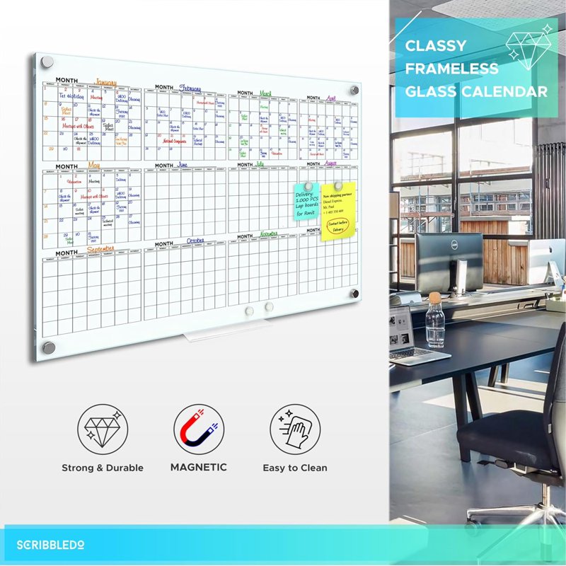 Magnetic Glass Whiteboard Calendar 24x36 Inch Wall Planner Dry Erase Board