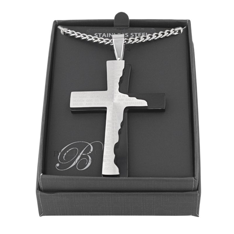 Men's Cross Pendant Necklace with Lord's Prayer - Stainless Steel, Two-Tone