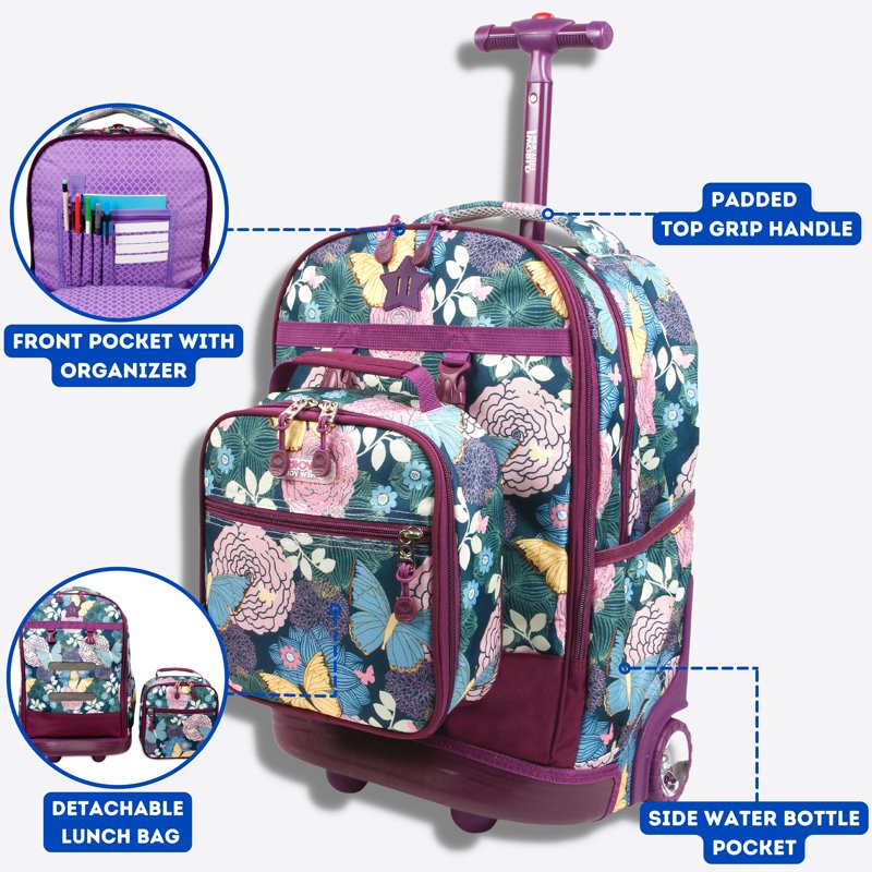 Kids Rolling Backpack with Detachable Lunch Bag - School & Travel