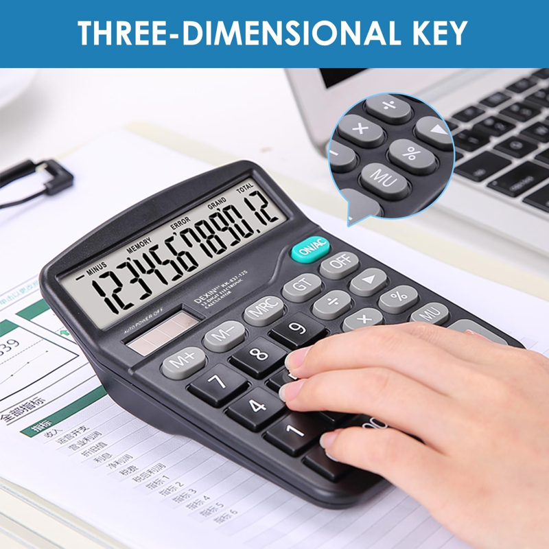 Office Calculator with 12 Digit LCD Display Solar Battery Dual Power Black