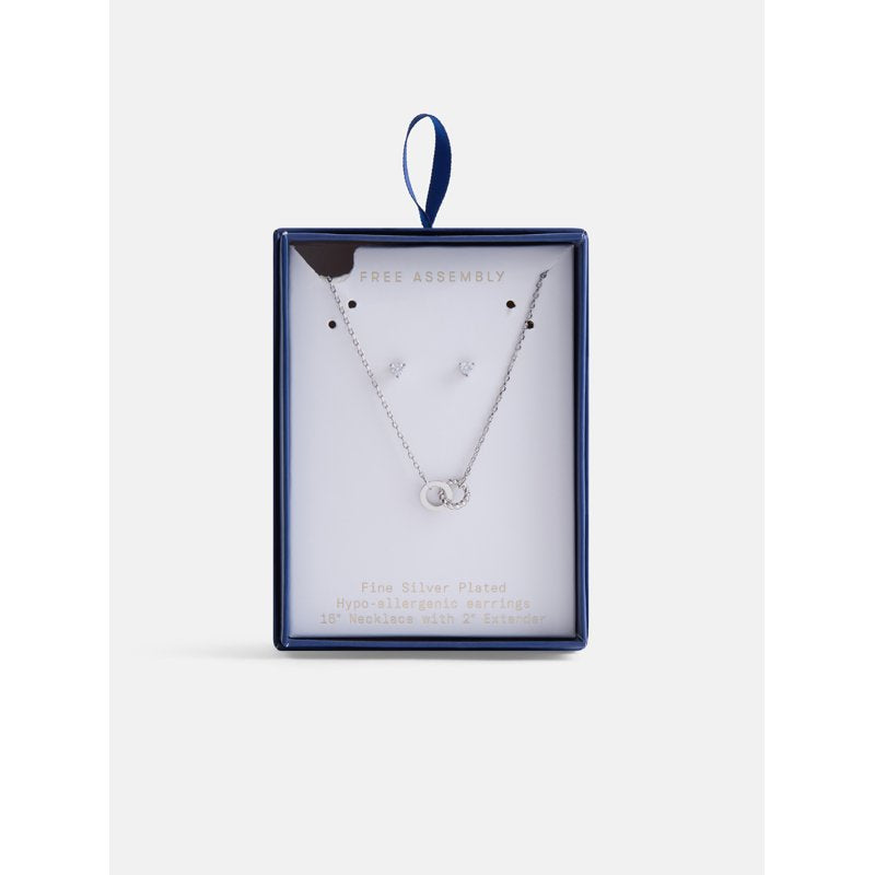 Silver Plated Double Circle Necklace & Cubic Zirconia Stud Earring Set for Women