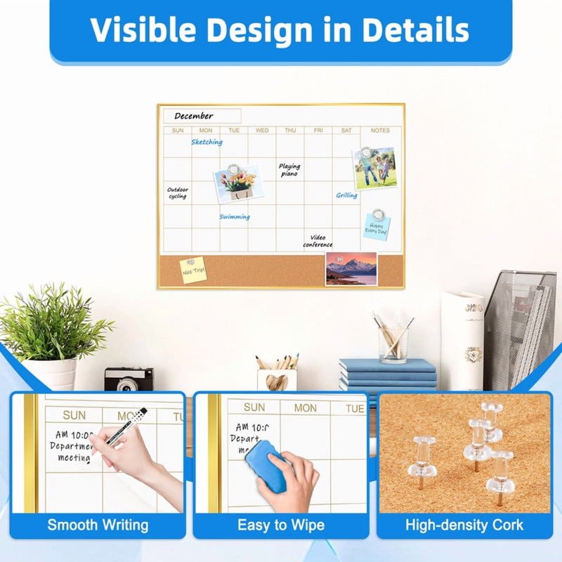 Magnetic Dry Erase Calendar Whiteboard Cork Board Combo 24x18 Wall Organizer