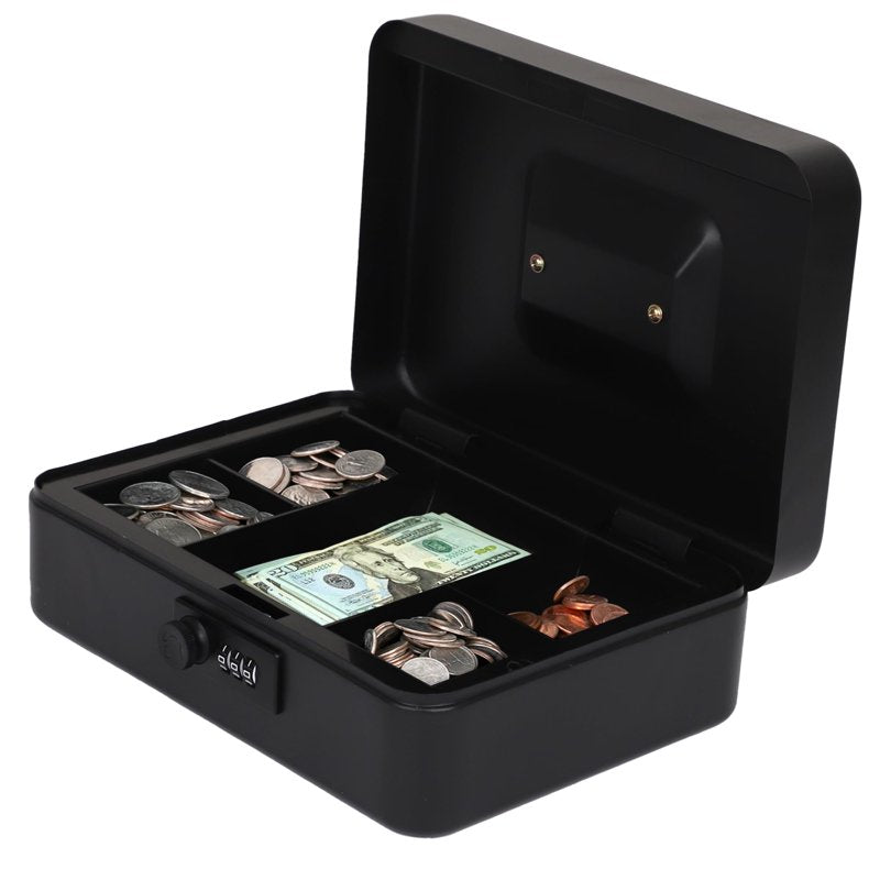 Large Black Stainless Steel Cash Box with Mechanical Lock & Removable Tray