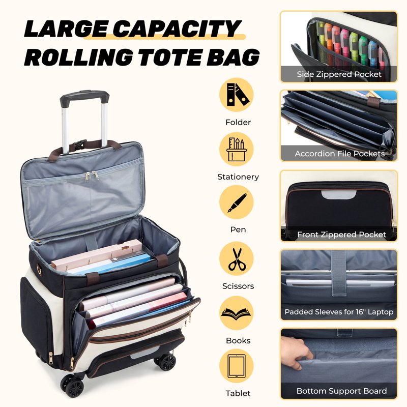 Large Rolling Craft & Teacher Tote with Insulated Lunch Bag, 15 Pockets, 48L Capacity