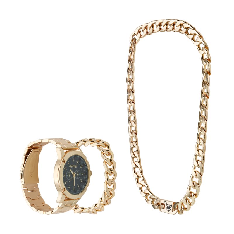 Men's Gold Metal Strap Watch Set with Necklace & Bracelet - 46mm