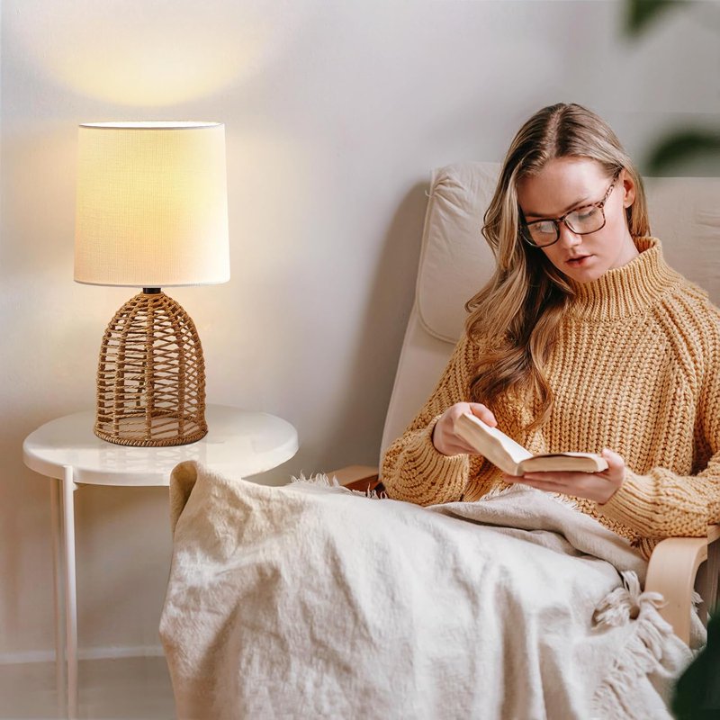 Set of 2 Rattan Boho Table Lamps - Small Farmhouse Nightstand Decor
