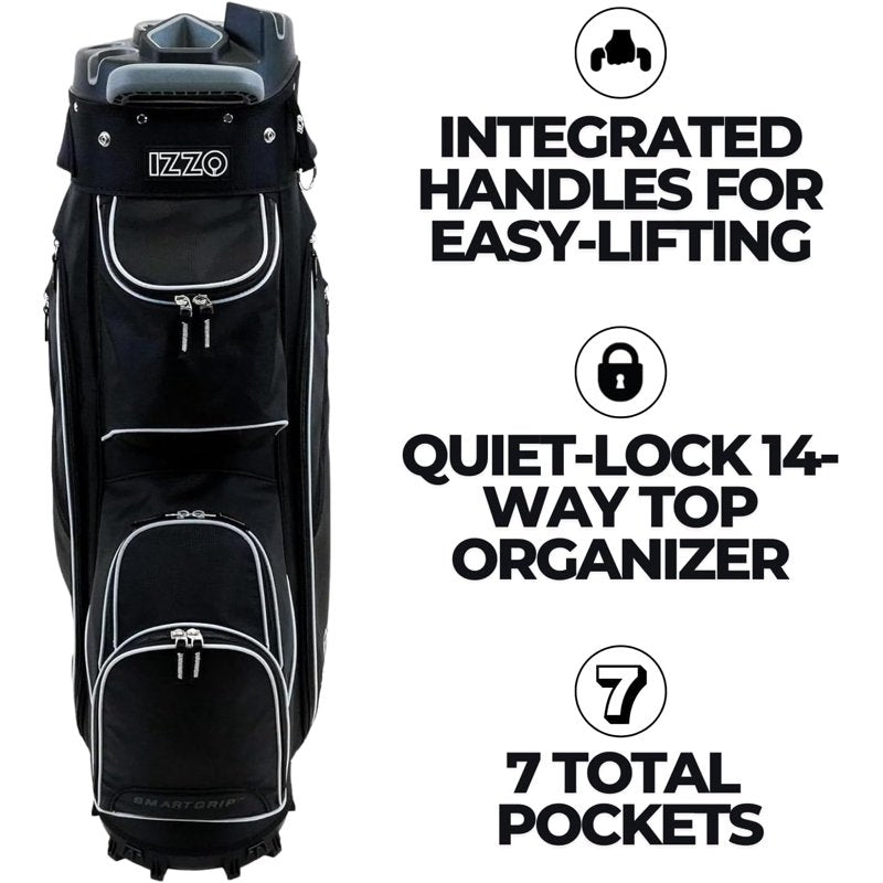IZZO Vault Golf Cart Bag - Black, 14-Way Top Divider, Putter Well, Anti-Rattle