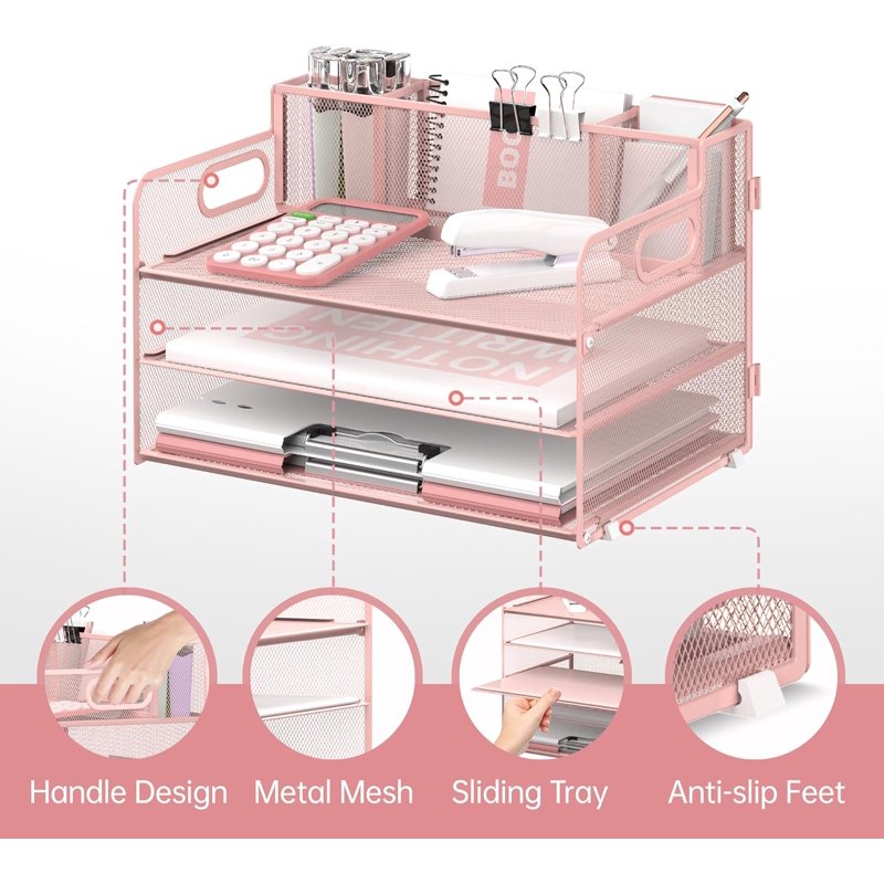 3 Tier Metal Mesh Desk Organizer with Pen Holders and Handles - Space Saving Paper Storage