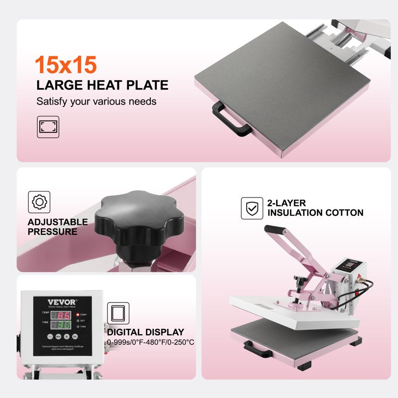 15x15 Inch Digital Heat Press Machine for T-Shirts, Pillows & Bags - Pink