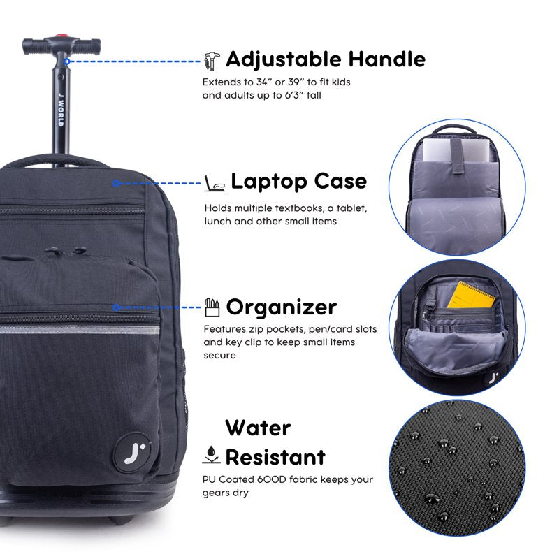 20-Inch Rolling Backpack with Laptop Sleeve for School & Travel - Black