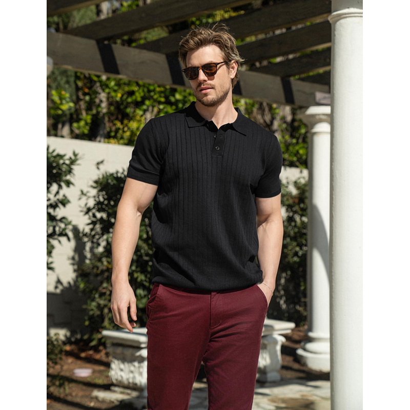 Men's Ribbed Knit Polo Shirt Short Sleeve Casual Golf Business Wear