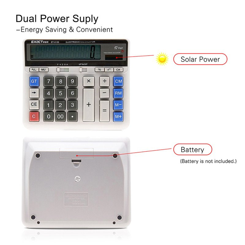 Large Scientific Calculator 12-Digit Display Dual Power for Business Office School
