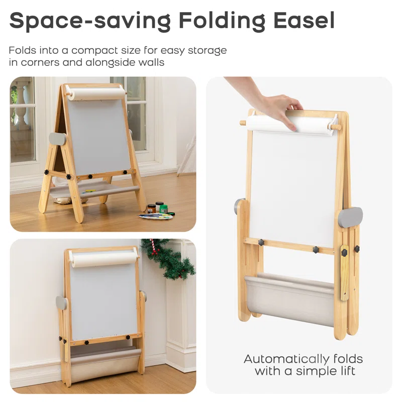 Kids Wooden Art Easel with Magnetic Whiteboard & Storage - Adjustable & Foldable