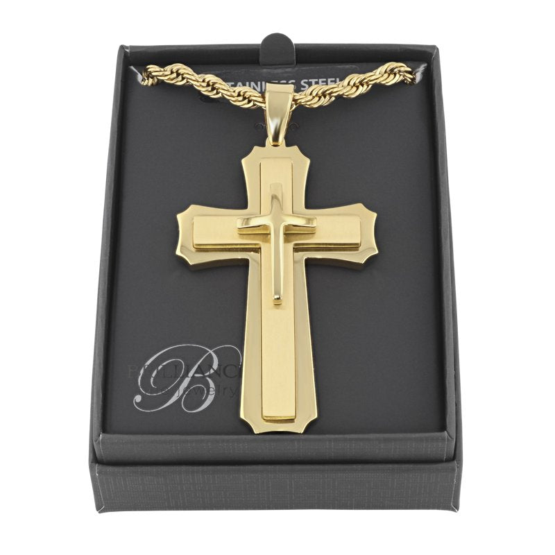 Mens Gold-Tone Stainless Steel Cross Pendant Necklace with Chain