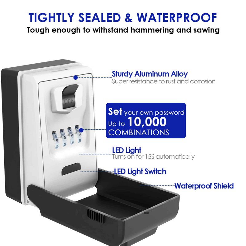LED Waterproof Metal Lock Box with Combination Lock, Wall Mount Security Hider for Keys