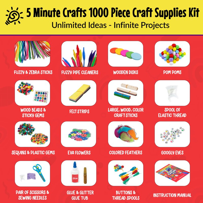 Kids Arts and Crafts Supplies Kit with Fuzzy Sticks Sequins and More - 1000 Pieces