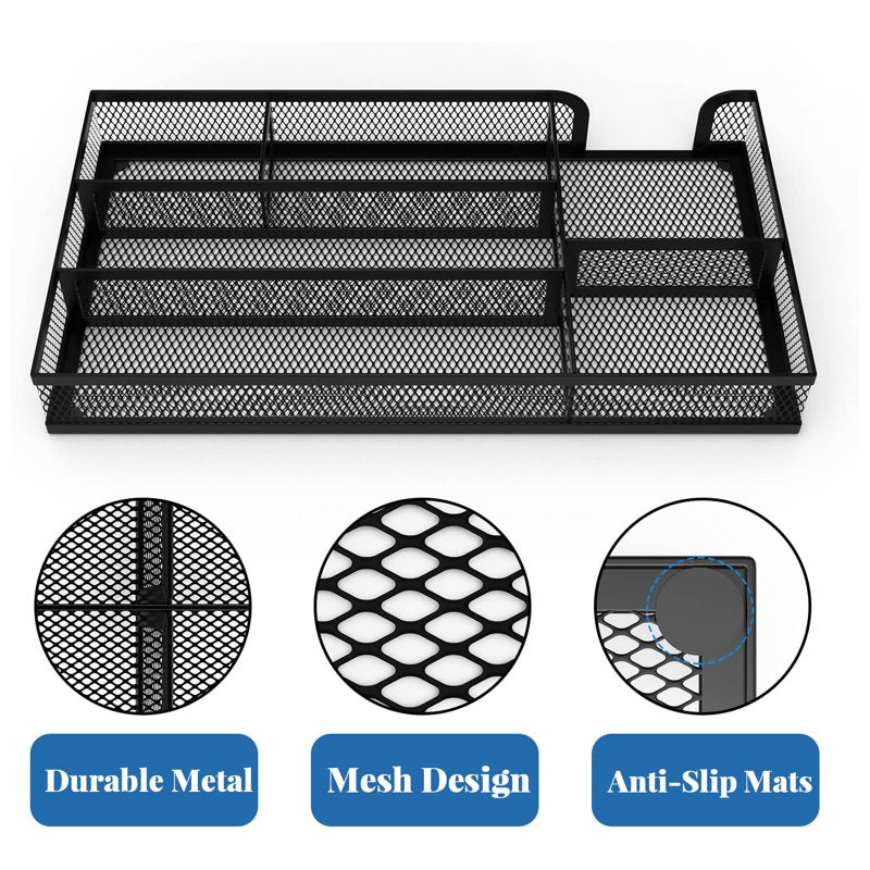 Metal Mesh Drawer Organizer for Office Supplies and Household Items - 6 Compartments, Black, 11x6.1x1.38 Inches
