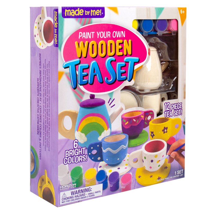 Kids Wooden Tea Set for Painting and Pretend Play - Includes Paint & Brush